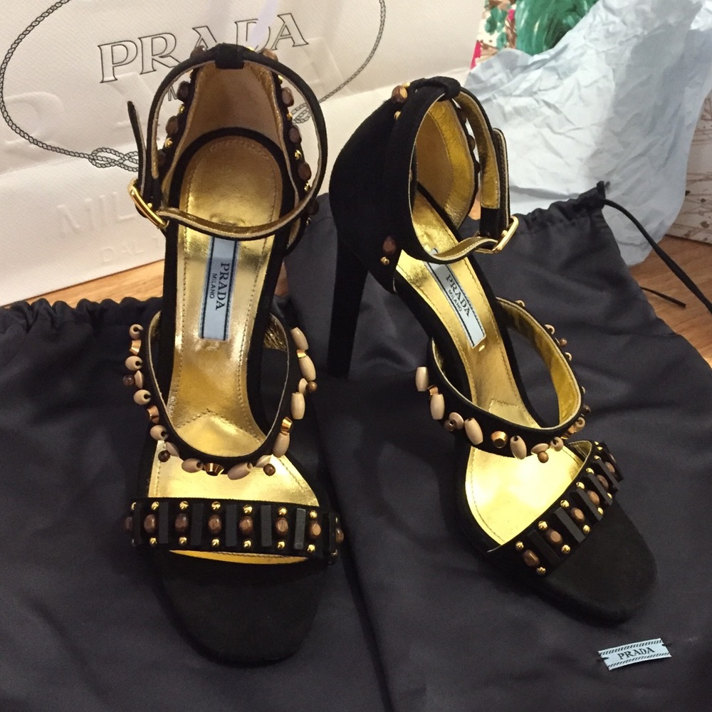 Authentic Prada Black Beaded Suede Sandals size 36